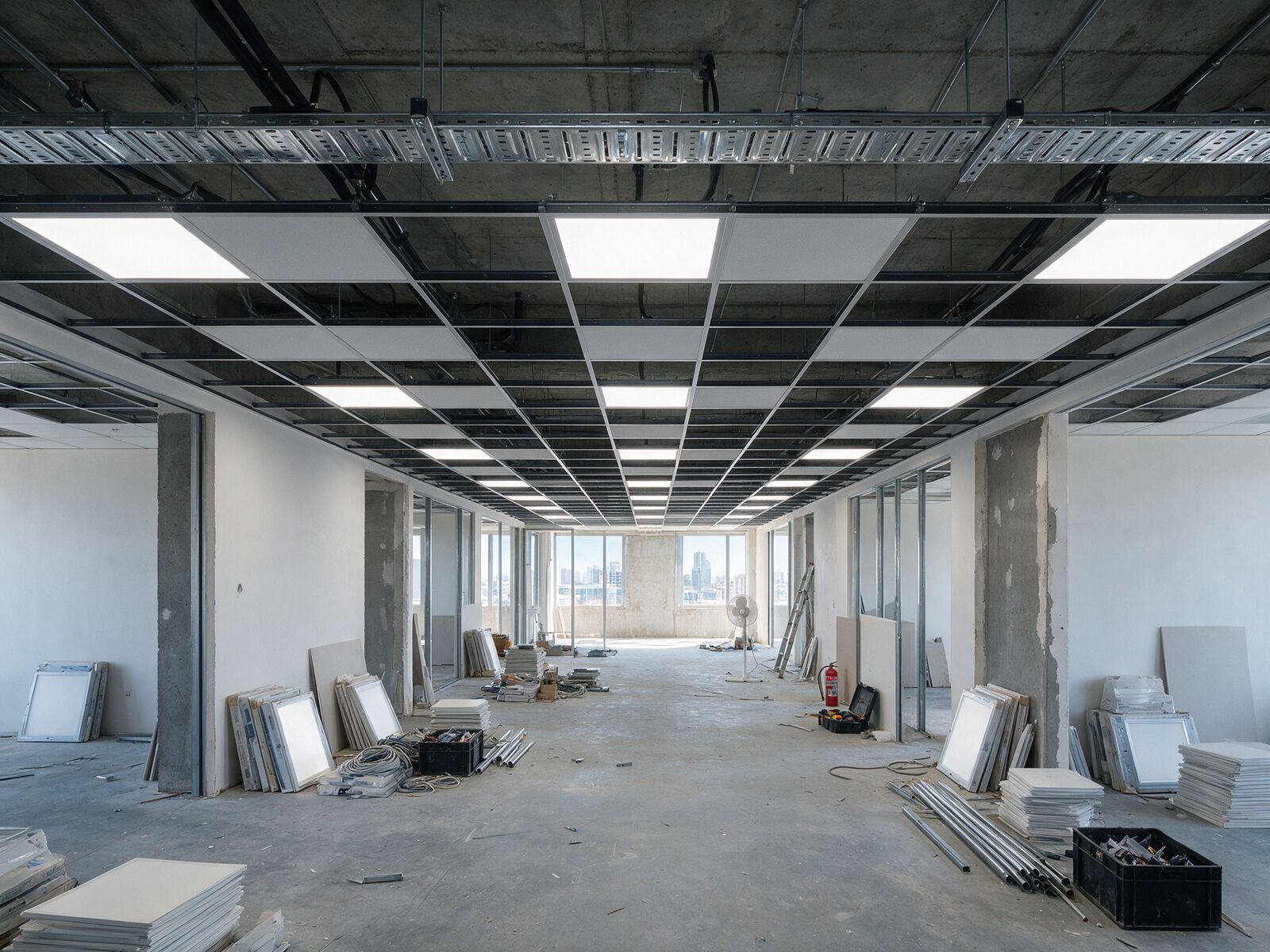 LED panel lighting and cable tray in a commercial fit-out